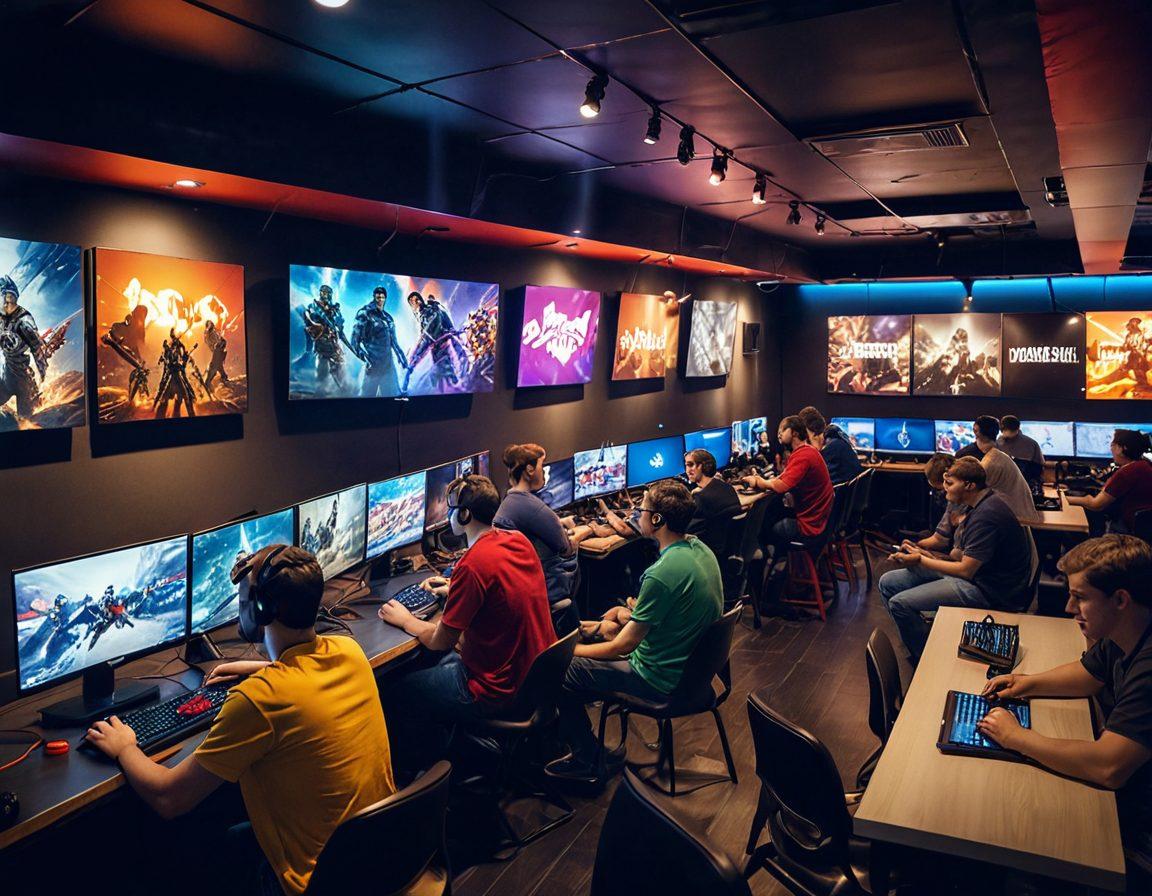 A lively gaming community gathering, showcasing diverse gamers engaged in discussions, sharing insights, and playing multiplayer games. Incorporate vibrant posters of popular games, cozy seating areas filled with friends, and high-tech gaming gear in the background. The energy of collaboration and excitement should be palpable. super-realistic. vibrant colors. 3D.