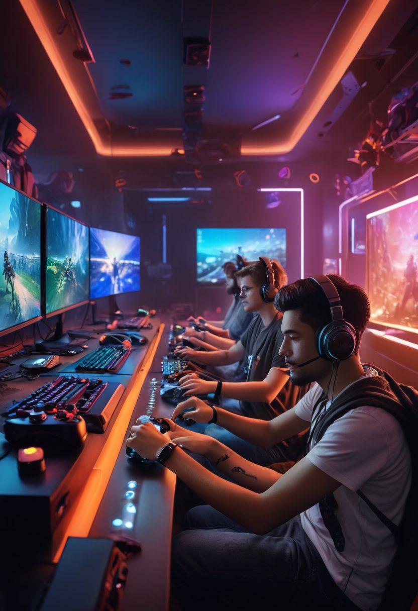 A dynamic scene of gamers immersed in action, surrounded by a mix of consoles, vibrant RGB lights, and futuristic gaming gear. Include elements symbolizing tips and reviews, like gaming guides and thumbs-up icons, woven into the atmosphere. A playful and inviting vibe that reflects community interactions, possibly showing diverse gamers interacting. super-realistic. vibrant colors. 3D.